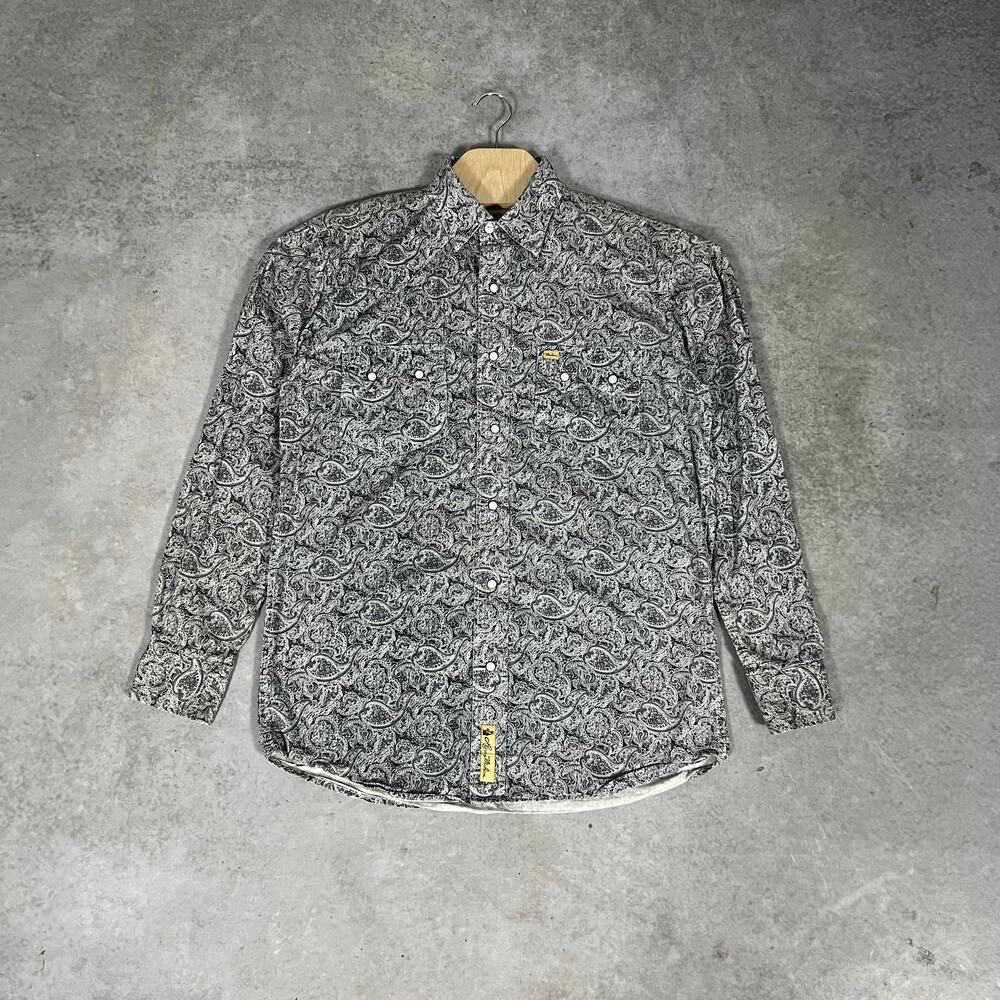 Larry Mahan Western Pearl Snap Shirt Men's Medium Cowboy Rodeo Gray Paisley